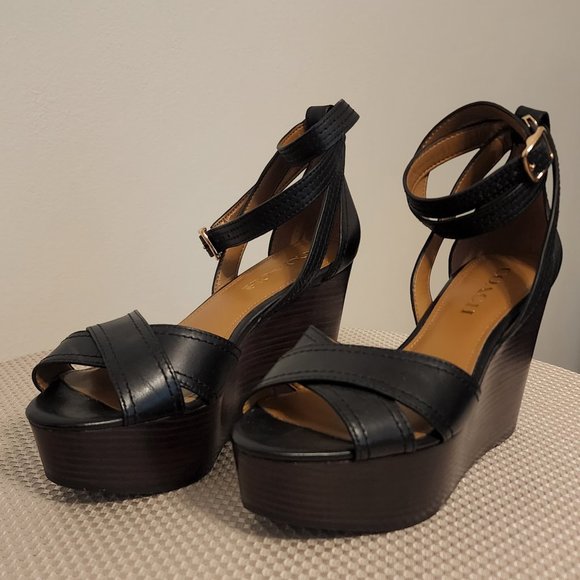Coach Harrison Leather Platform Sandals Wedges in Black Size 7B - Picture 2 of 9